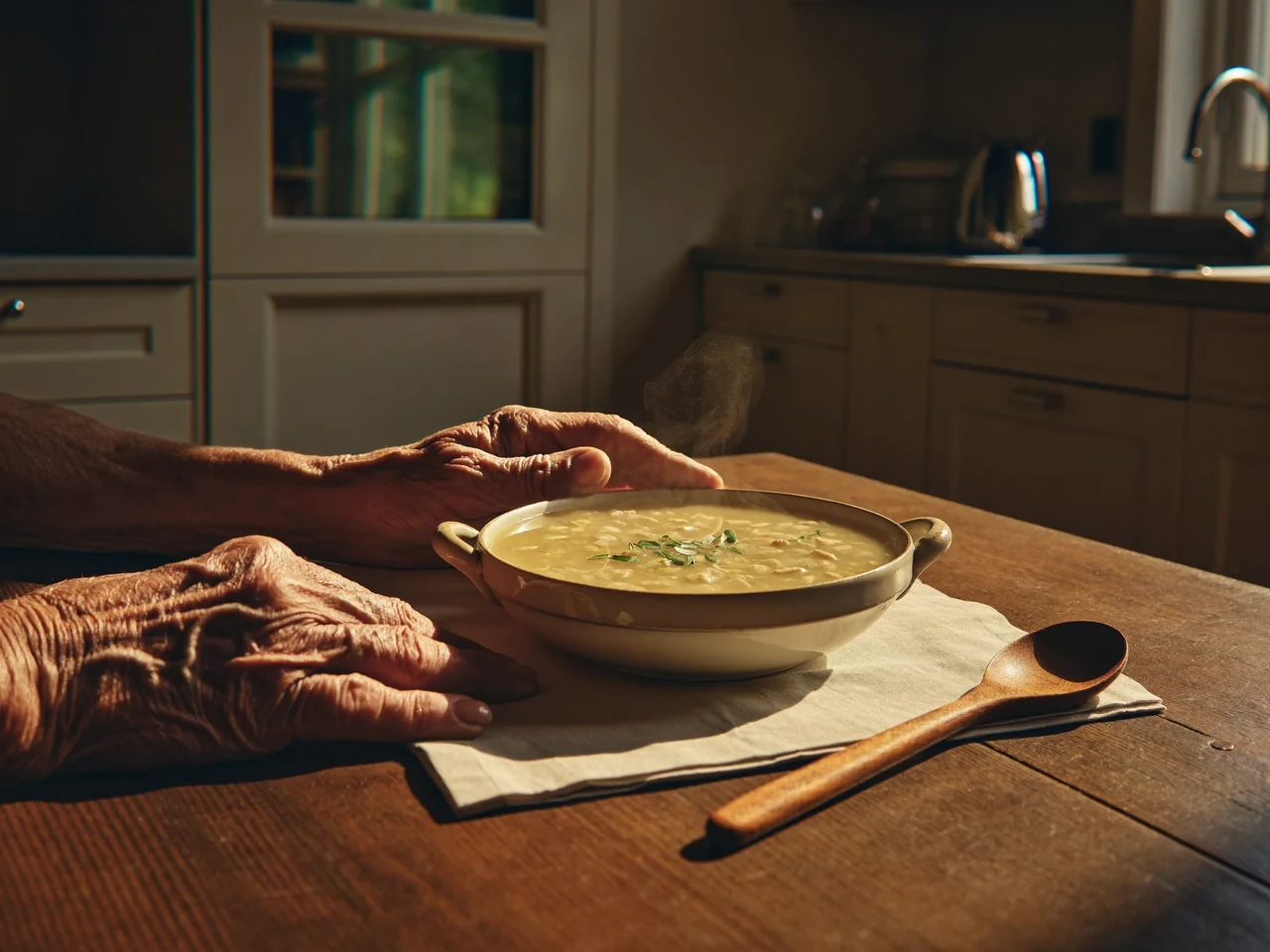 Tavola di casa italiana al tramonto con minestrina fumante e mani anziane vicino alla ciotola