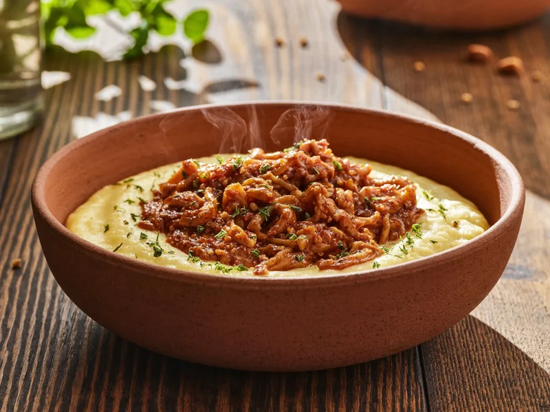 Polenta gialla cremosa con ragù tenero in una teglia di terracotta fumante