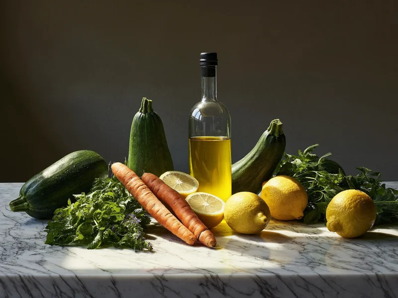 Verdure di stagione, limoni, erbe e olio su un piano di marmo alla luce naturale